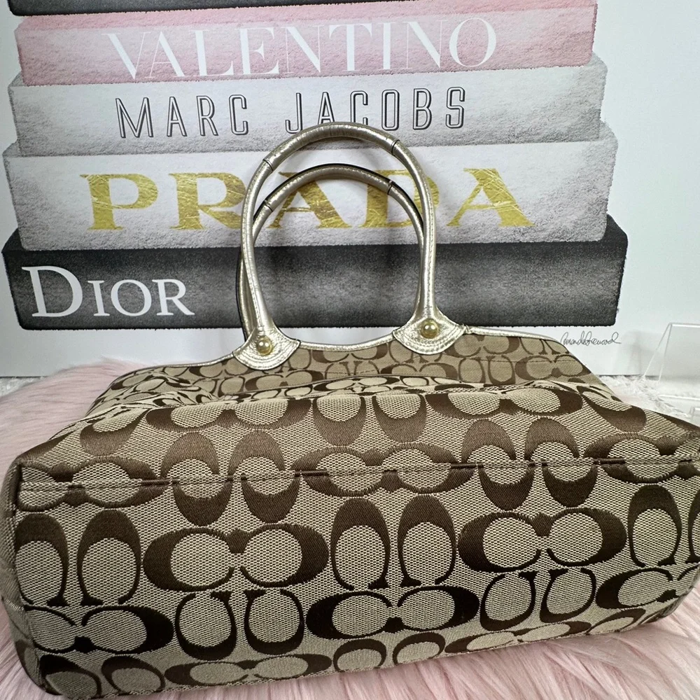 Coach Brown Signature Tote with Metallic Floral Appliqués - Picture 12 of 13